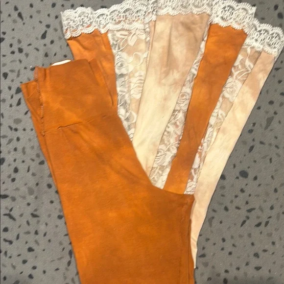 Orange and Cream Flare Pants with Lace Insets yoga - Picture 2 of 5